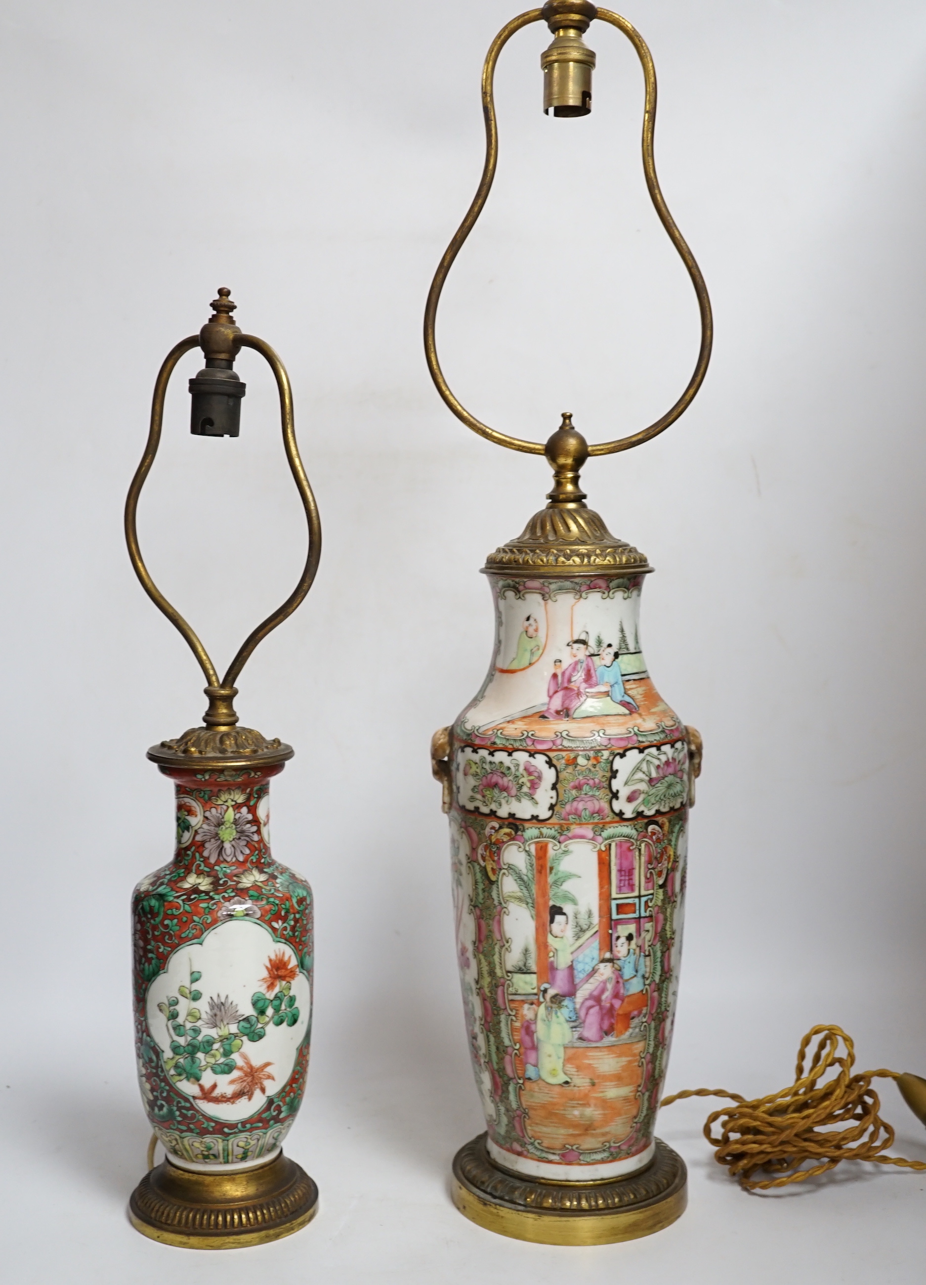 A late 19th century Chinese famille rose vase and another, both mounted and converted to lamps, tallest 62cm